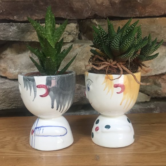 VTG Egg Cup Faces People MCM Japan Succulents Boho - Picture 4 of 9